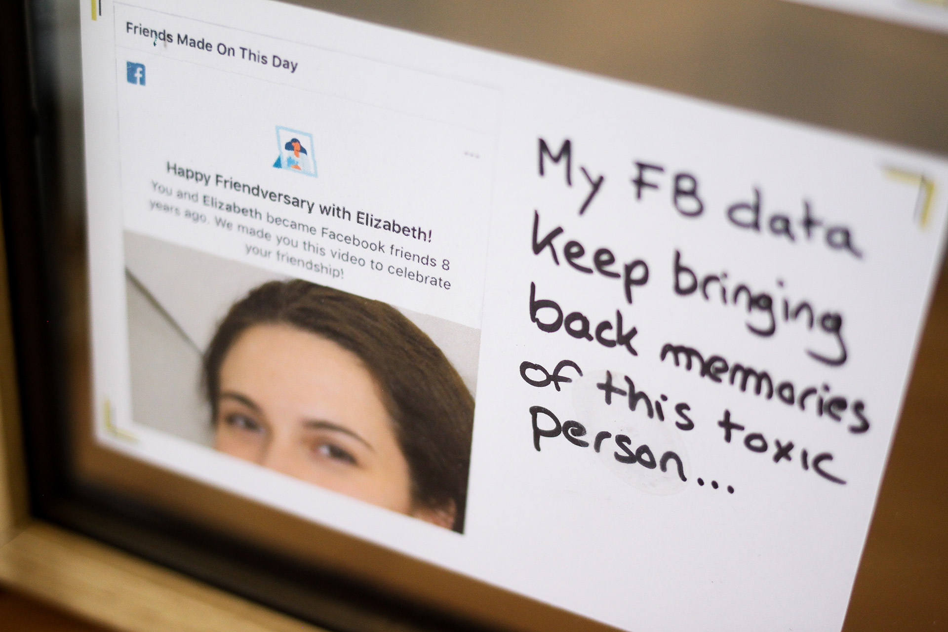 Another close-up on a card of the anti-memorial ranting against Facebook profile and data bringing back memory of a toxic person